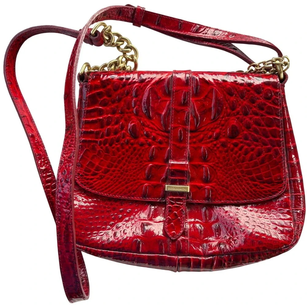 Vtg BRAHMIN Red Croc Embossed Leather Crossbody Bag Magnetic Satchel Gold Charm
